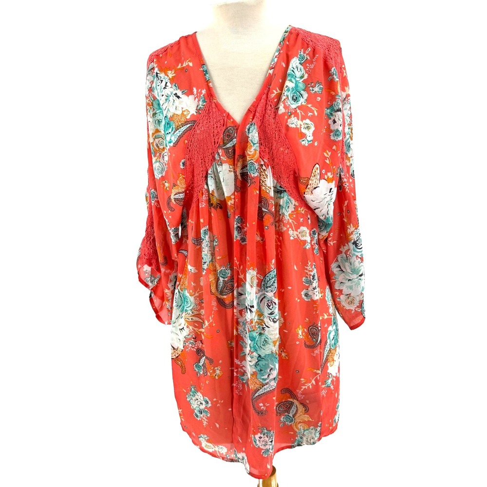Torrid Kimono Floral Paisley Crochet Chiffon Wrap Women's M/L Orange Cover Up